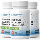 Puregen Labs Ferrous Gluconate 324 mg [High Potens] Jern Supplement, Gentle på magen | 3 Pack - 300 Tabletter Totalt