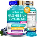 60 dagers forsyning magnesiumglycinat 400 mg gummier med Ashwagandha, L-theanin, CoQ10, Vitamin D3 & B6, sukkerfri magnesium gummier for voksne og barn, stress relief, søvn og ro, vegansk, glutenfri