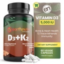 EarthNutri Vitamin D3 K2 Supplement 5000 IU – Inkluderer K2 fra MENA Q7, D3 fra Vitashine, Kalsium fra Aquamin & 72 Trace Minerals – for immun-, bein- og hjertehelse – Ikke-GMO – 60 Veg Kapsler