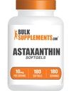 BulkSupplements.com Astaxanthin Softgels - Astaxanthin Supplements, Antioksidant Kilde - Glutenfri, 1 Softgel per Serving (10mg), 180 Count (Pack of 1)