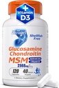 Glukosamine Chondroitin MSM + vitamin D3 | Shellfish-fri felles støtte til mobilitet, fleksibilitet og bein helse | Ikke-GMO, Glutenfri, soya-fri – 7-i-1 Formel for menn og kvinner