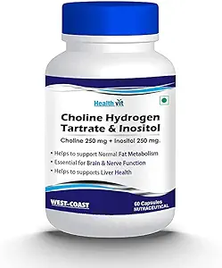 Choline Hydrogen Tartrat 250mg & Inositol 250mg - 60 kapsler | Energimetabolisme, lever helse, essensielt for hjernen og nervefunksjon - Ikke-GMO, Vegan, Glutenfri, Dairy Free