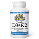 Naturlige faktorer, vitamin D3 & K2 1000 IE og 120 mhg, støtter bein og vaskulær helse, 60 Softgels