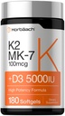 Horbäach vitamin D3 K2 5000 iu | 100mcg MK-7 Kompleks | 180 Softgel kapsler | Ikke-GMO & Glutenfri Supplement