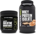 NutraBio Kreatin Monohydrat, Uflavorert, 150g og Whey Protein Isolat, kanel sukker Donut, Supplement Bundle - Muskelenergi, lean muskelvekst, utvinning og styrke