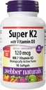 Webber Naturals Super vitamin K2 MK-7 120 mhg med vitamin D3, 90 Softgels, støtter bein, tenner og kardiovaskulære system