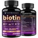 VITBOOST Biotin med hyaluronsyre, kollagen og keratin – 25000 mH hårvekstvitaminer for menn og kvinner – negler og hud, USA laget - tredjeparts testet, B1, B2, B3, B6, B7 kompleks - 60 kapsler