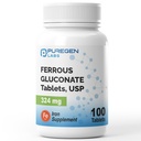 Puregen Labs Ferrous Gluconate 324 mg [høy styrke] Jern Supplement, Gentle på magen - 100 tabletter