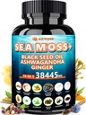 Sea Moss 350mg svart frøolje 200mg Ashwagandha 100mg gurkemeie 100mg Bladderwrack 100mg Burdock 100mg, alt-i-1 Sea Moss Capsules-60 Count