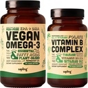 Vegansk Omega 3 180 Softgels & Vegansk Vitamin B Complex Bundle - Plantbasert DHA & EPA fettsyrer, essensielle B vitaminer med hele matblanding, B1, B2, B3, B5, B6, B7, Folat
