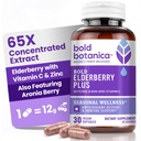 Bold Botanica Elderberry Plus - 65x konsentrert svart eldrebær ekstrakt med sink & vitamin C for daglig immunologisk støtte og sesongmessig velvære - ikke-GMO, 30 vegansk kapsler