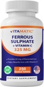Vitamatisk Ferrous Sulfat 325 mg med vitamin C 100 mg (65 mg elementalt jern) – høy styrke jern Supplement - Ingen kunstige farger – 250 belagte tabletter, laget i USA