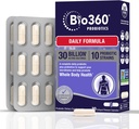Bio360 Adult Daily Probiotic Supplement for kvinner og menn, 30 milliarder CFU, 10 Strains, organiske prebiotiske fibre, Digestiv og immun helse, Av og til diarrea, Gas & Bloating, 30CT