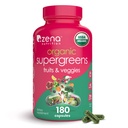 Zena Nutrition Organic Super Greens Frukt & Veggies Supplement, 70+ Supermat fra frukt og grønnsaker, 3g Fiber, Spirulina, Klorella, Prebiotika og probiotika, Digestive Enzymer, 180 Kapsler