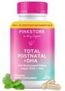 Pink Stork Total postnatal vitaminer for kvinner | Vegan DHA, metylert folat, jern, + vitamin B12 | Postpartum Recovery Essentials + amming støtte | Mint, 1-måneders forsyning