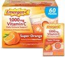 Emergen-C 1000mg vitamin C pulver for daglig immunologisk støtte Koffein gratis vitamin C kosttilskudd med sink og manganesisk, B vitaminer og elektrolyter, Super Orange Flavor - 60 Count/2 måneds forsyning