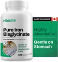 Vitasave Iron Bisglycinate – høy absorpsjon jerntilskudd for energi, anemi og immunstøtte – Gentle på mage – Vegan, ikke-GMO, Glutenfri – 120 kapsler (Made i Canada)