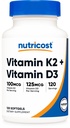 Nutricost vitamin D3 + K2 (5000 IE D3 / 100mcg MK7), 120 Softgels – Glutenfri og ikke-GMO