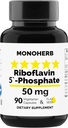 MONOHERB Riboflavin 5'-fosfat 50 mg - 90 vegetariske kapsler - Bioaktiv vitamin B2 - laget i USA