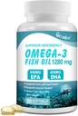 Omega 3 Fish Oil Supplements, Triple Styrke Omega 3 Næringstilskudd med 650mg EPA 450mg DHA Per Serving - Hjerne, Øye, hjerte og immun helse støtte - 90 Softgels (45 Serv)