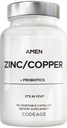 Amen Sink & Kobber Supplement + Probiotika, 3 måneders forsyning, En per dag - 50 mg Zink Picolinat Vitamin piller - essensielle Mineraler Kosttilskudd - 2 milliarder CFUs Probiotika - Vegan, ikke-GMO, 90 kapsler