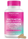 Pink Stork Postpartum Mood Support - Postnatal Hormon Balanse for kvinner - Brystervennlig - Stress & Kognitiv støtte, New Mom Essentials - Ashwagandha, Kamille, & vitamin D, 60 Kapsler