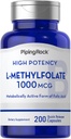 Piping Rock L Metylfolat Supplement | 1000 mg | 200 kapsler | Aktiv form av folsyre | Ikke-GMO, Glutenfri
