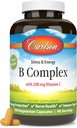 Carlson - B Complex balansert B vitaminer med vitamin C - Stress, energi og immun vitamin B kompleks for kvinner og menn - 180 vegetariske kapsler