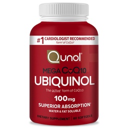 Qunol Ubiquinol CoQ10 100mg Softgels, Mega Ubiquinol 100mg - Overlegen absorpsjon - Aktiv form for coenzym Q10 for hjerte helse og sunnt blodtrykk nivåer - 2 måneders forsyning - 60 greve