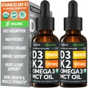 (2 pakke) organisk vitamin D3 K2 dråper med MCT olje Omega 3, 5000 IU - flytende D3, Ingen fyllstoffer, ikke-GMO, immunstøtte (uovertruffen, 2 Fl Oz)