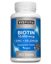 Biotin 10000 mcg + sink + selenium, ren, vegansk og ekstra sterk, beste supplement for hårvekst, glødende hud, sterke negler*, 365 tabletter i 12 måneder, naturlig uten tilsetningsmidler