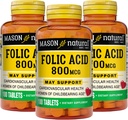 MASON NATURAL folsyre 800 mcg - hjelper nervesystemfunksjon, daglig kosttilskudd for helse, humør og prenatal omsorg, for kvinner i fødselsalder, 100 tabletter (pakke med 3)