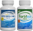 Fortifeye blått lys og hjerte helse støtte Bundle ® Super Omega-3 Max fiskeolje, 60 mykgels og fokus Blåt lys forsvar, 30 Softgels