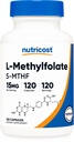 Nutricost L-Metylfolat 15mg, 120 Kapsler (5-MTHF) - Vegan, ikke-GMO, Glutenfri