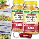 Valg Bundle Spring Valley Fish Oil Omega 3 Fatty Acid Supplement Lemon Softgels 500 mg 60 Ct 2 pk (120 Totalt) + Vitamin Guide og Pill Container (4 elementer)!