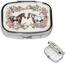 Pille Box Blomster og hester Håndtrukket Square Pille Veske for Purse & Pocket 2 Compartment Medicine Pill Organizer Bærbar reise Pillbox Medisin Vitamin Cod Liver Olje Oppbevaring Box