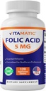 Vitamatisk folsyre 5 mg (5000 mikrog) – 120 vegetariske tabletter høy potens vitamin B9 (folat) for cellulær helse, hjerte støtte og prenatal omsorg