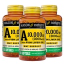 MASON NATURAL Vitamin A 3000 mikrog (10 000 IE) fra fisk leverolje, støtter visjon og immun helse, 100 Softgels, pakke med 3