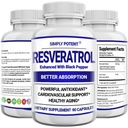 Resveratrol 1000mg Supplement, Trans Resveratrol 500mg, Resveratrol Forbedret med svart pepper for maksimal absorpsjon, kraftig antioksidant og anti-aldring piller for hjerte, immun og hud helse, 90 kapsler