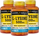 MASON NATURAL L-Lysin 500 mg med kalsium - forbedret immunfunksjon, forbedret næringsstoffer absorpsjon, essensiell aminosyre, 100 tabletter (pakke med 3)