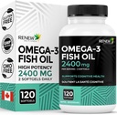 Renovere Actives Omega-3 Fish Oil 2400MG per 2 Softgels - 720MG EPA & DHA - støtter hjerte, hjerne, øyehelse, og triglycerid Reduksjon - Ingen fiskelig ettersmak - laget i Canada - 120 Softgels