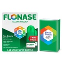 Flonase Allergy Relief Nasal Spray, 24-timers ikke-Drowsy Multi-Symptom Relief - 144 Sprays (pakke med 2) pluss bonuspakke med vev