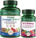Renhetsprodukter Bundle - Vegan Omega 3-6-9 (180 ct) + B-12 Energi Smelt Omega 3-6-9 (“5 i 1” Plantebasert Omega 3 6 9 Essentielle fettsyrer) - B12 Berry Melt (Metylkobalamin B12 + B6 + D3 + Mer)