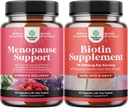 Bundle av komplett Herbal Menopause Supplement for nattesvitser og humør med Dong Quai Vitex Chaste Berry & Black Cohosh og ren Biotin piller for skinnende tykke hårvekst - Få klar hud sterke negler