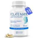 FolateMaxx L-Metylfolat 15 mg, 120 kapsler – legeformulert Metyl Folat Supplement for kvinner og menn – høy styrke 5-MTHF for energi, humør og fokus – ikke-GMO, glutenfri (4-måneders forsyning)