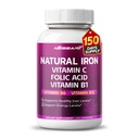 Organisk jern høy potens med vitamin C, folsyre - høyabsorpsjon formel vitamin B1, vitamin B6, vitamin B12 - støtte blodbygging - 150 tall - laget og testet i USA