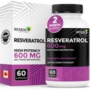 Reny Actives Resveratrol Supplement 600mg per servering - høy potens antioksidant kompleks med 50% Trans-Resveratrol – støtter cellulær helse og lang levetid - laget i Canada – 60 Vegan Capsules