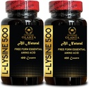 L-LYSIN 500 - Naturlig kosttilskudd fremme stress støtte og nervesystem helse, L-Lysine HCl, daglig lysin inntak, energiproduksjon, Aminosyre vitamin Supplement - 2 flasker 200 tall