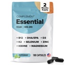 Komplement Essential Vegansk Multivitamin for menn og kvinner (60 Serveringer, 180 Kapsler) med Omega-3 DHA & EPA, B12, Vitamin D3 & K2, Sink, Selenium, Magnesium, Iodin - støtter immunisme og generell helse