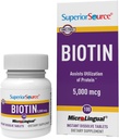 Superior kilde Biotin 5000 mcg. Under tungen rask oppløse mikroLingual tabletter, 100 teller, støtter sunn hår, hud og neglevekst, hjelper støtte energimetabolisme, ikke-GMO